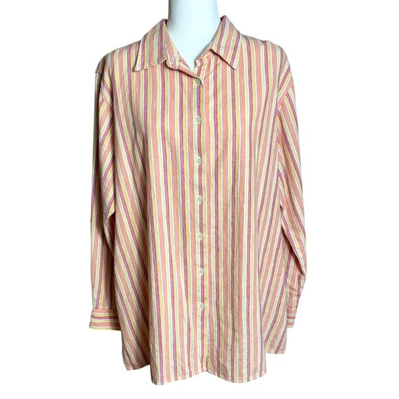 Kim Rogers Pure Linen Shirt Button Up Long Sleeve Peach Stripe Classic Womens 1X - Picture 1 of 11